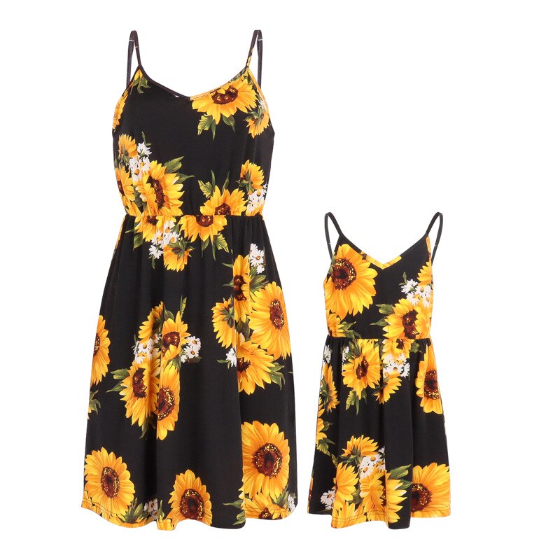 Mommy And Me Strapless Beachwear Mini Dresses Sunflower Pattern Women's Dress Mommy And Me Clothes Casual Family Matching Dress: 8-9T
