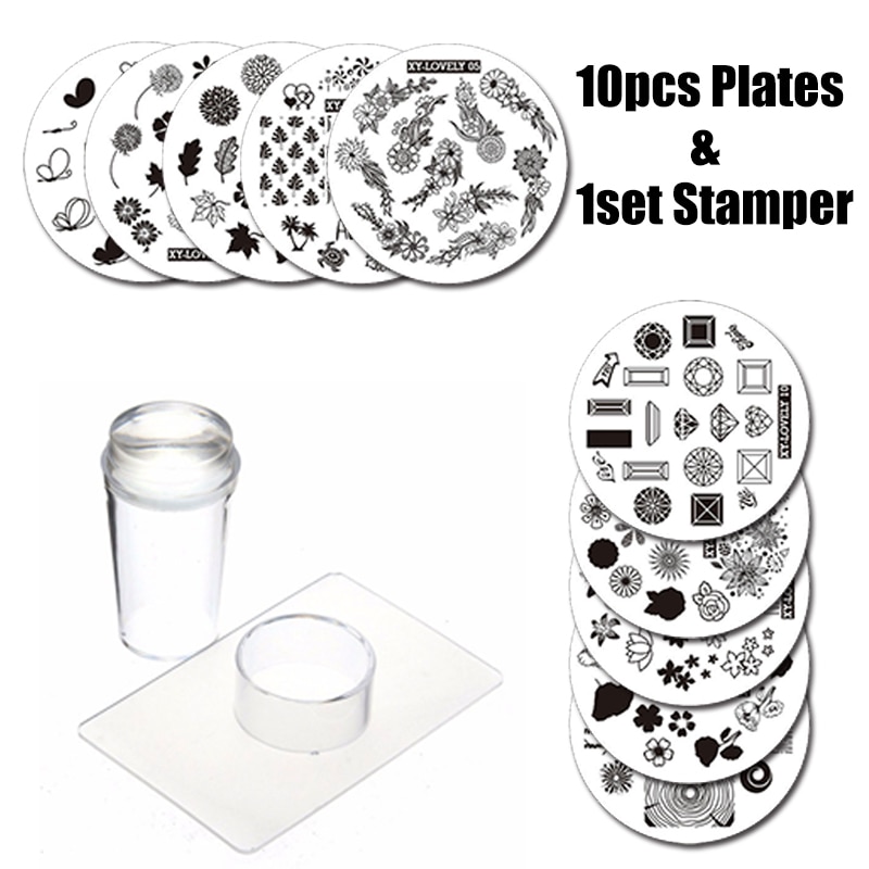 10 stks Nail Platen + Clear Jelly Silicone Nail Art Stamper Schraper met Cap Stempelen Template Image Plates Nail Stempel plaat Tool