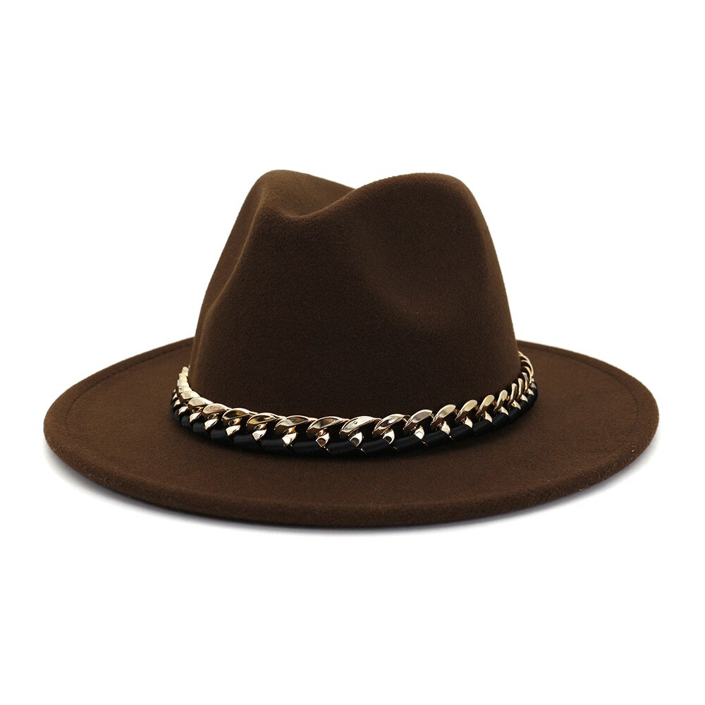 Europæisk amerikansk imiteret uldne bowlerhatte til kvinder mænd vinter efterår vintage bredskygget top jazzhat fedora kasketter med kæde: 3