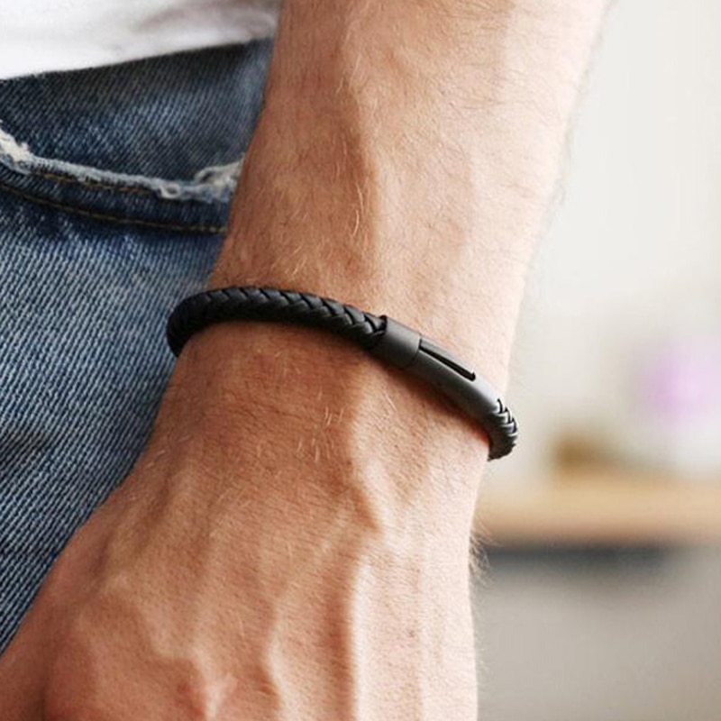 Mannen Armband Rvs Eenvoudige Knop Sluiting Zwarte Lederen Armband Voor Mannen Sieraden