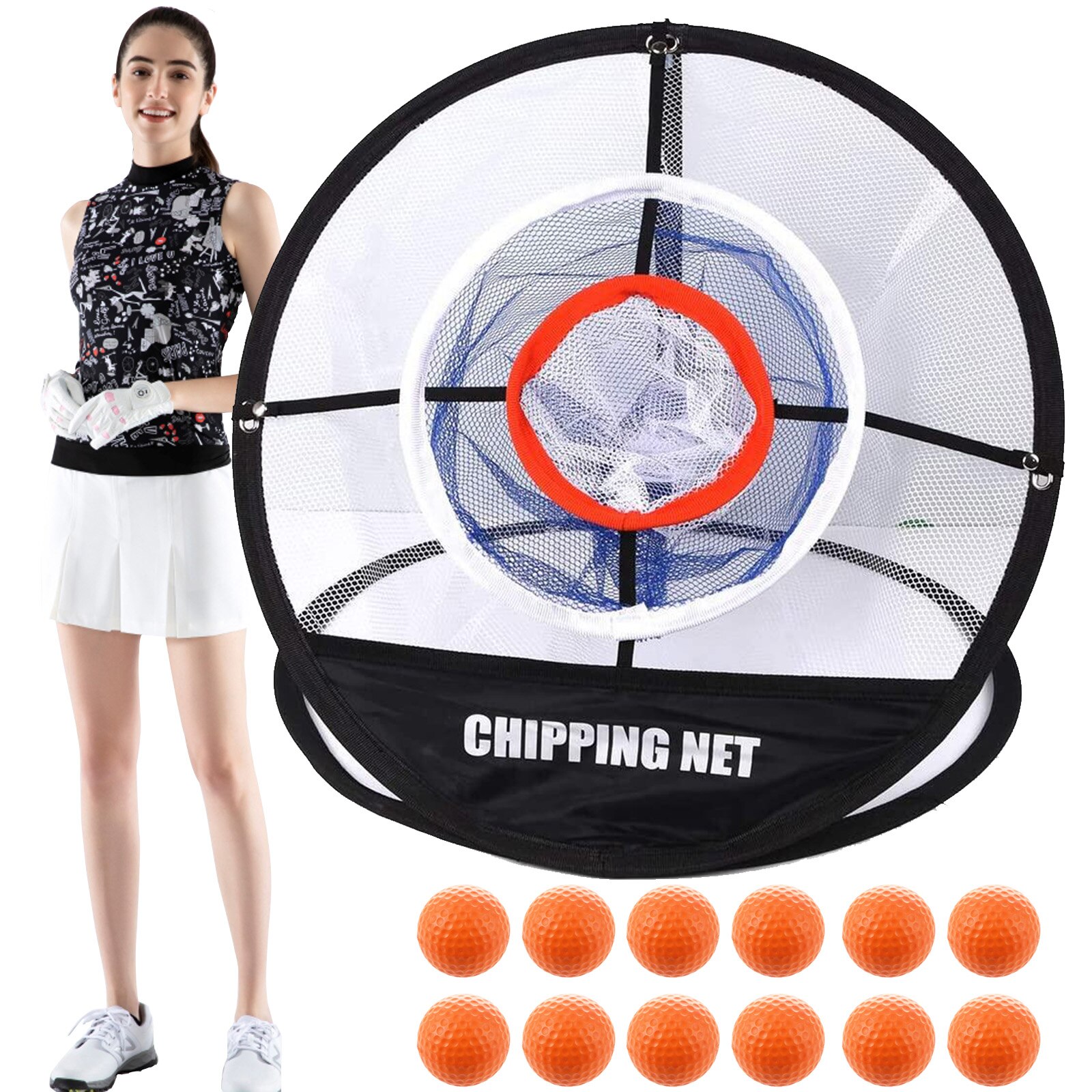 Indoor Outdoor Training Golf Chipping Net Pitching Hitting Nets with Bag Swing Target Pop Up Garden Accessories: White with 12 Balls