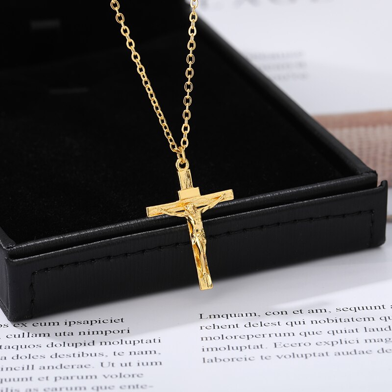 Prachtige Tale Rvs Kraag Jesus Cross Hanger Ketting Voor Man Handgemaakte Gouden Kleur Religie Stijl Sieraden