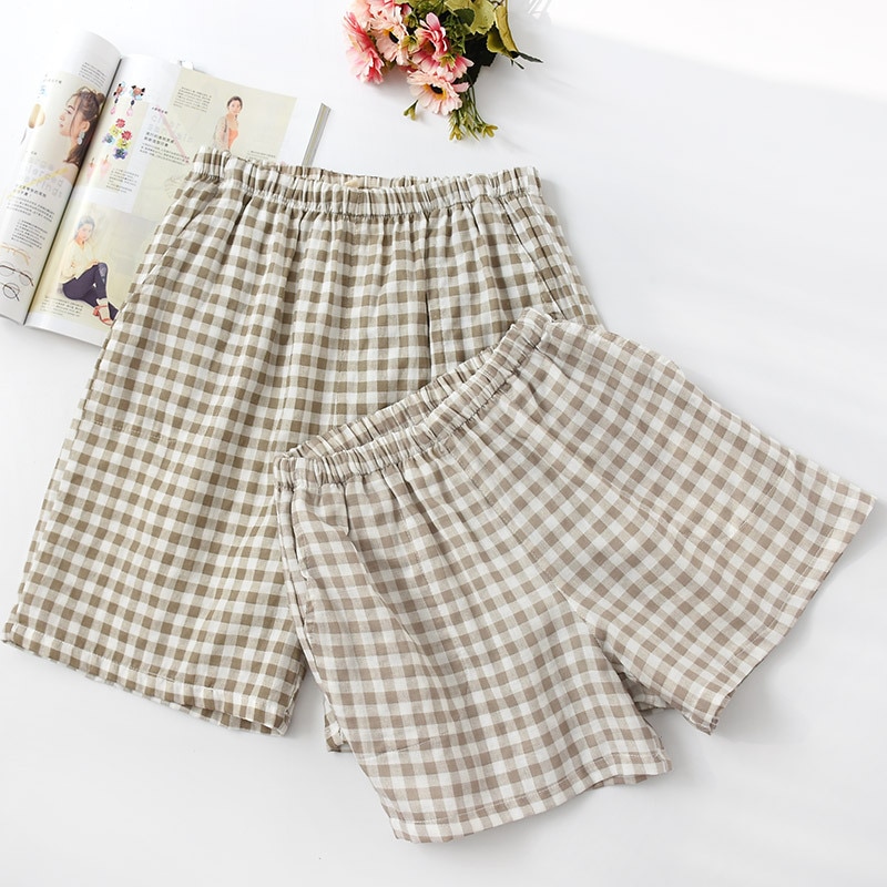 Cuplu de vară pantaloni scurți în carouri tifon de bumbac pantaloni subțiri de pijama îmbrăcăminte de dormit pentru femei pantaloni de noapte pantaloni de noapte