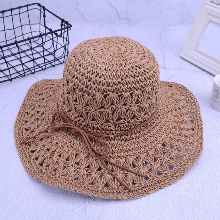 Band kvinders hæklede hule kuppel sommerhatte til kvinder mesh stråhat foldbar solhat strandhat sombrero: Khaki