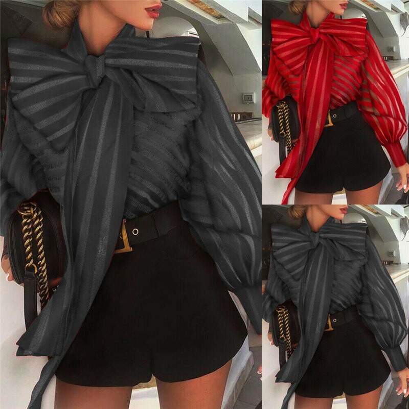 Vrouwen Mesh Sheer Gestreepte Blouse See-through Lange Mouwen Top Overhemd Mode Elegante Grote Strik Zwart Rood Shirt Vrouwelijke blusas