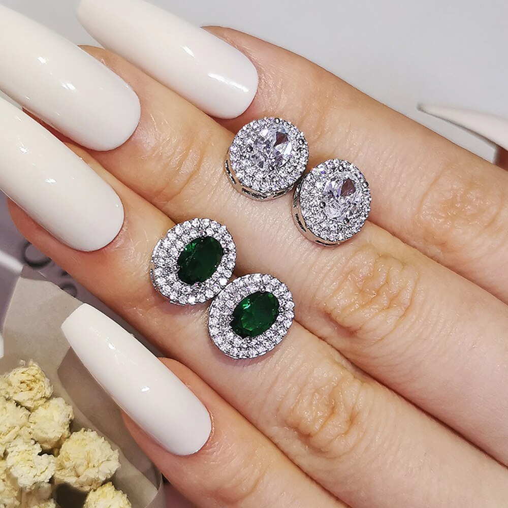 Confezione da 2 pezzi Set di gioielli da sposa color argento Halo anello di fidanzamento orecchino tondo per regalo di nozze J7260