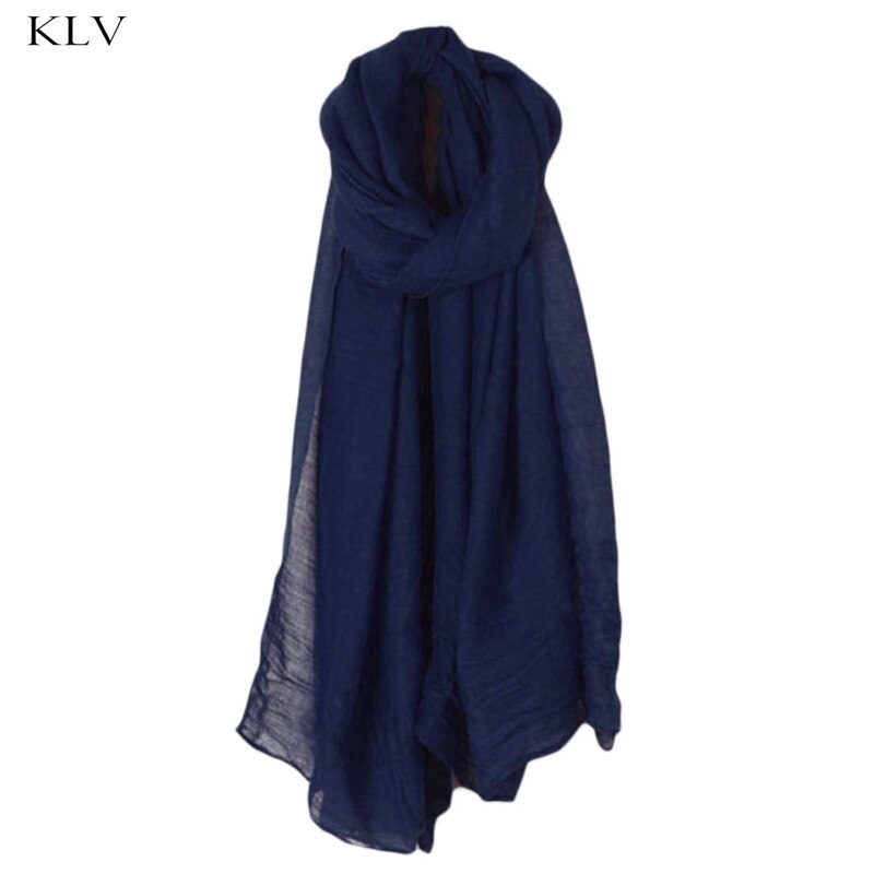 Mode 16 Kleuren Vrouwen Lange Sjaal Wrap Sjaals Vintage Katoen Linnen Grote Sjaal Hijab Elegante Effen Zwart Rood whi: Marineblauw