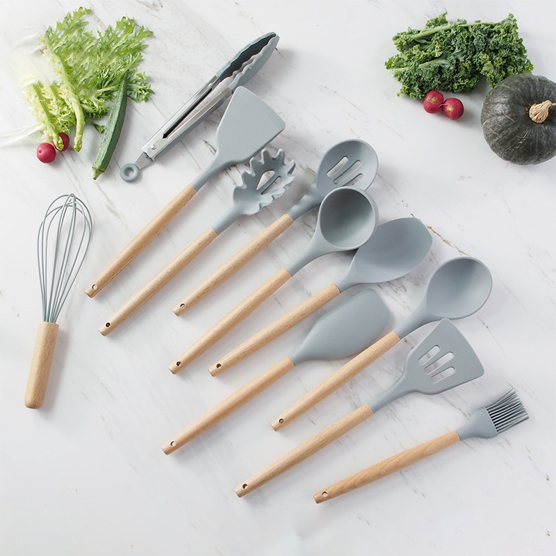 Silicone Cooking Utensils Kitchen Utensil Set Non-stick Heat Resistant Silicone,Cookware with Wooden Handle