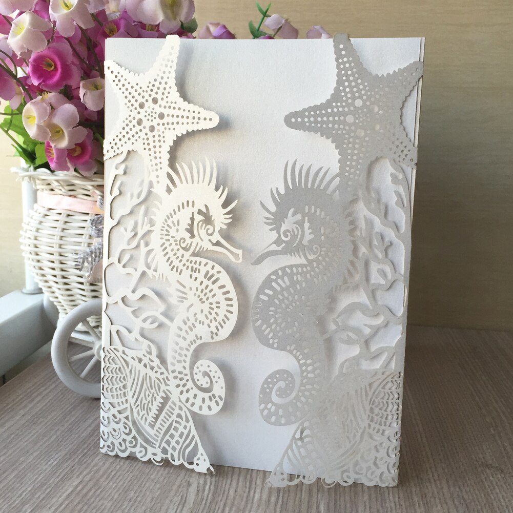 1Pcs Glossy Paper Beach Theme Wedding Party Invitations Cards Seahorse Wedding Cards Bridal Shower Invitation Wedding Supplies