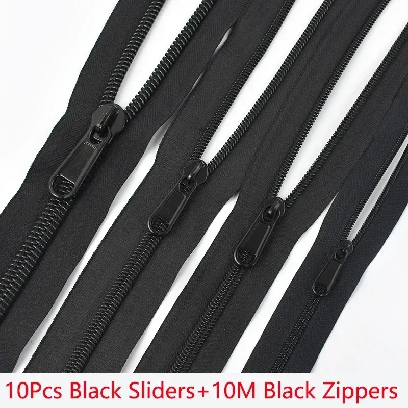 3 # 5 # 8 # 10 # Cremalleras de bobina de código negro de 10M, 10 Uds., deslizadores de cremallera, costura de ropa, tirador de cremallera, Kit de reparación de cremalleras, accesorio de cierres: Zinc envejecido / Opción 1