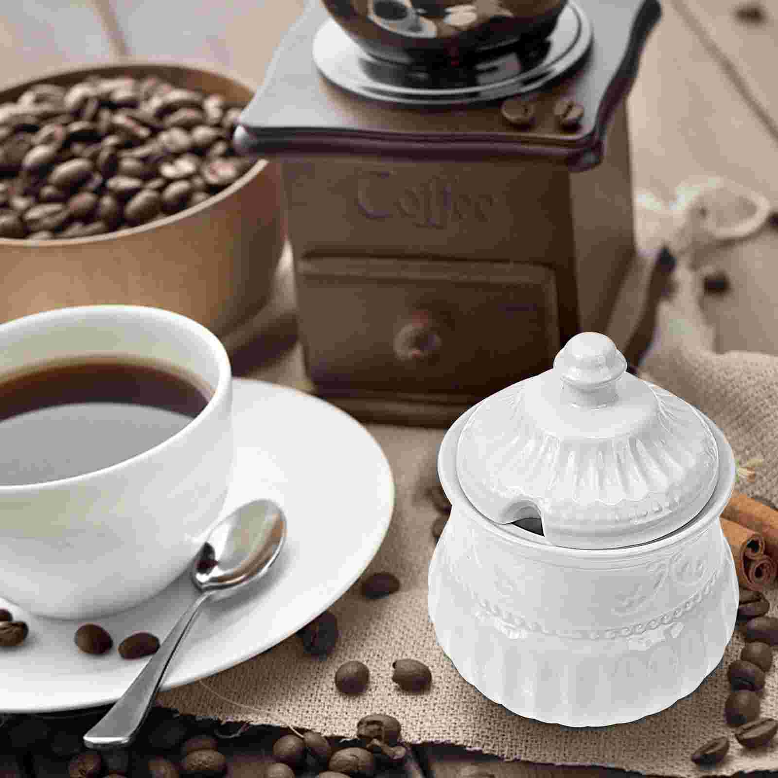 Embossed Ceramic Sugar Cube Jar Delicate Sugar Jar Coffee Shop Sugar Holder