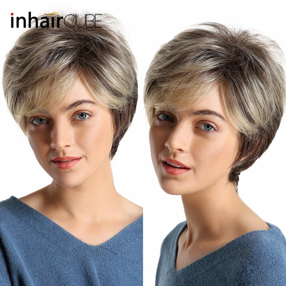 Inhair -kuutio synteettinen pixie -leikkaus naisten peruukit, joissa on luonnolliset otsatukka pörröinen kerroksinen suora sekoitettu väri lämmönkestävät lyhyet hiukset: Ss127