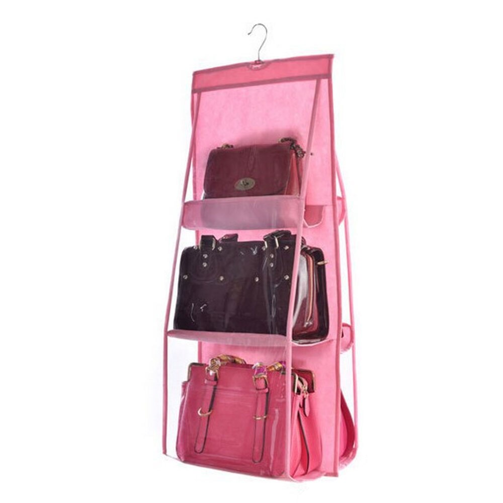 6 lomme hængende håndtaske arrangør til garderobeskab gennemsigtig opbevaringspose dørvæg klar diverse sko taske med bøjlepose: Lyserød