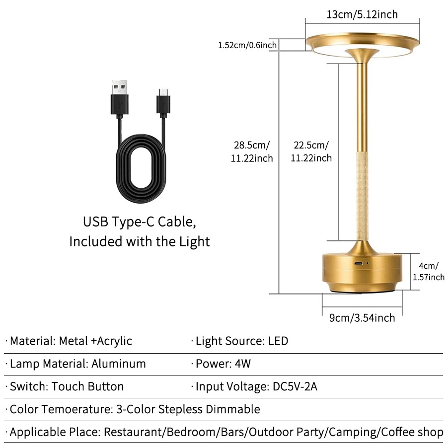 Oplaadbare draadloze tafellamp voor slaapkamer, oplaadbaar, aanraaklamp, campingkaars, creatief, USB-C, bureaulamp