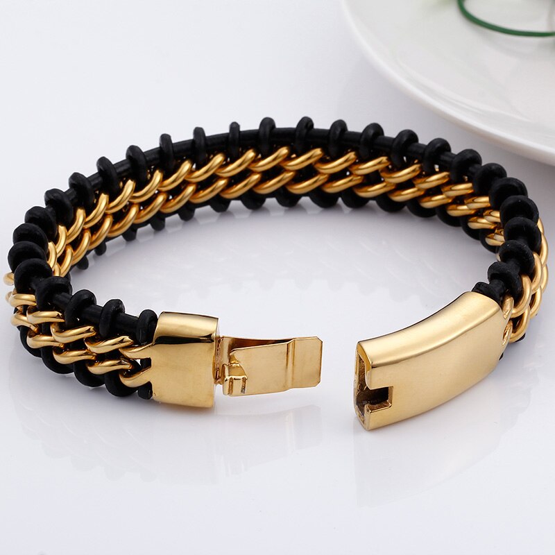 TrustyLan Gold Farbe Edelstahl Leder Armbinde Männer 18MM Breite Herren Leder Armbänder Schmuck Armbinde