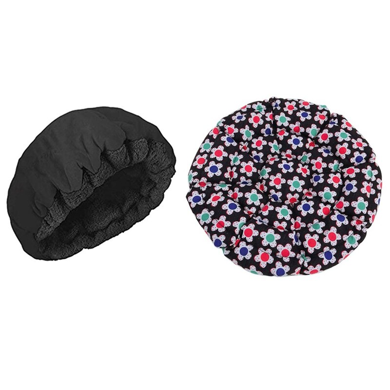 2 Set Deep Conditioning Heat Cap Microwavable Heat Cap for Deep Conditioning Hair SPA Hair Safety-Floral Color & Black