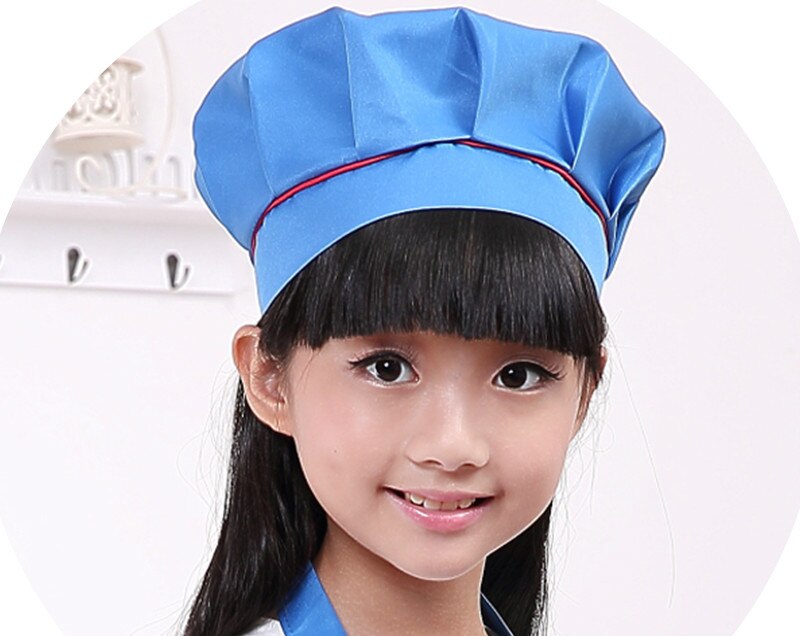 Kid Chef Hat Children's Baking Hat Cute Girls Boys Food Service Kitchen Work Caps Solid Pleated Top Painting Hats: Blue