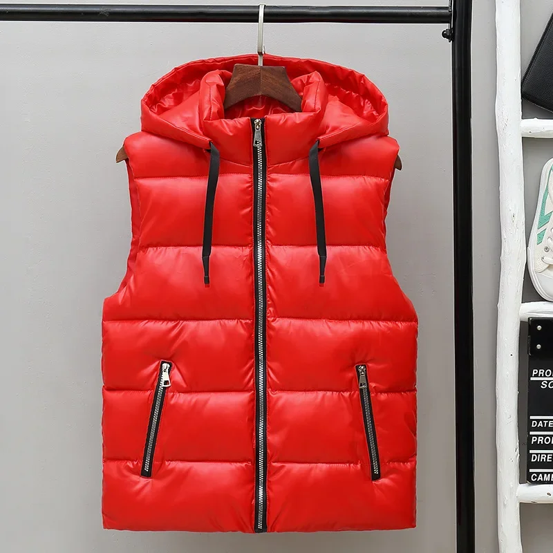 Gilet à capuche en coton brillant pour hommes, gilet , glaçure, tendance coréenne, extérieur, couple, automne, hiver,: M. / Rouge