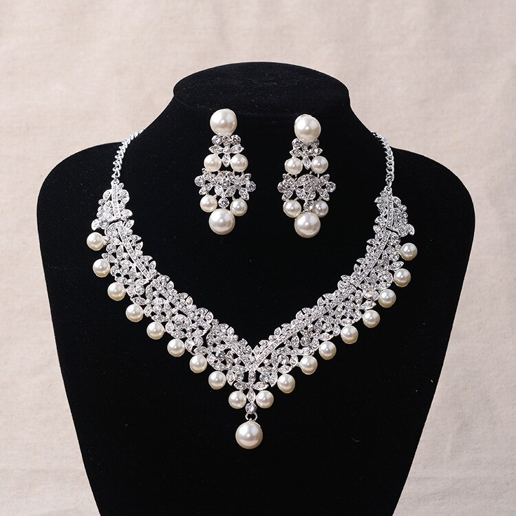 Ensemble de bijoux de fantaisie en cristal pour mariée, perles, collier ras du cou, boucles d'oreilles diadème, ensemble de bijoux de mariée pour femmes,: 2PCS Set