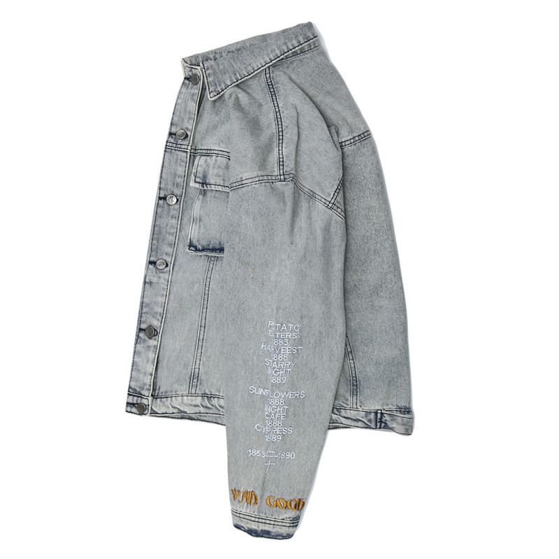 Van Gogh Painting Denim Jacket Men Women Couple Letter Embroidery Hip Hop Streetwear Washed Cotton Vintage Loose Goth Jeans Coat