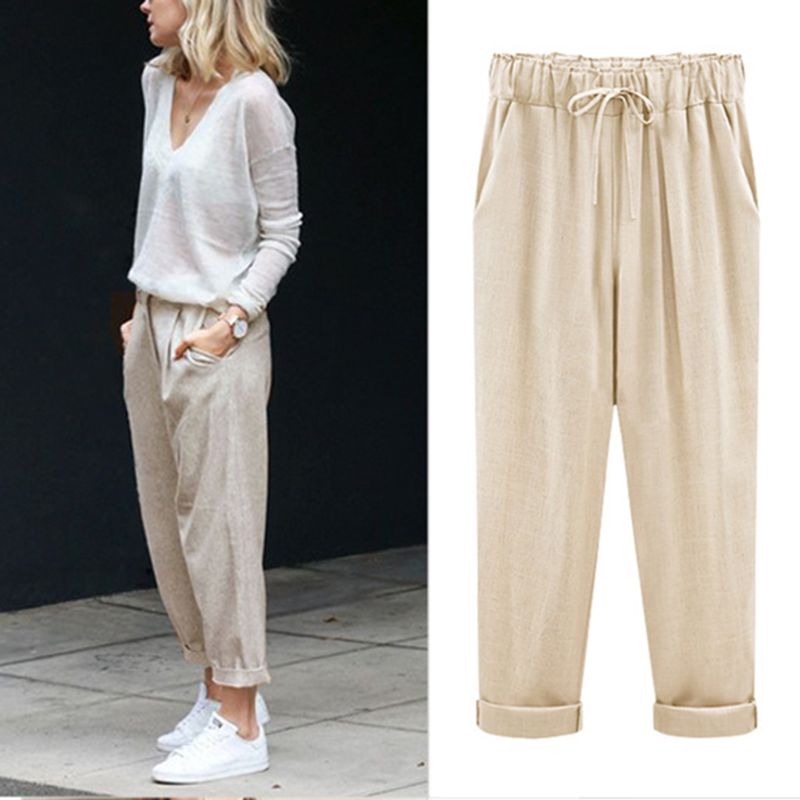 Frauen Plus Größe Gefesselt Ankle Länge Cropped Hosen Einfarbig Lose Beiläufige Harem Hosen Kordelzug Taille Dünne Streetwear M-5XL: Khaki / M