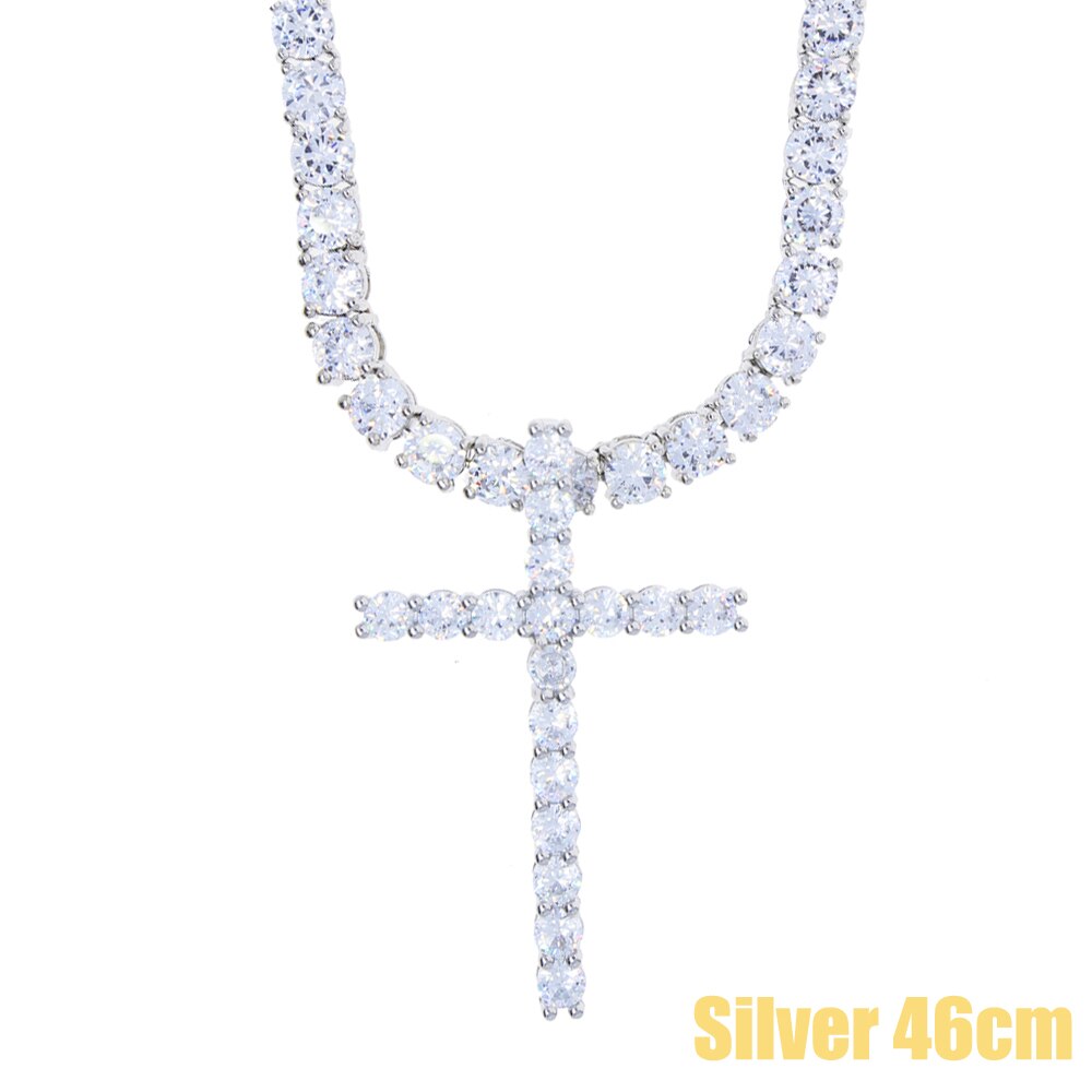 Iced out bling women girl jewelry hiphop bling 5A cubic zirconia cz tennis chain 30*50mm cross pendant choker necklace: silver set 46cm