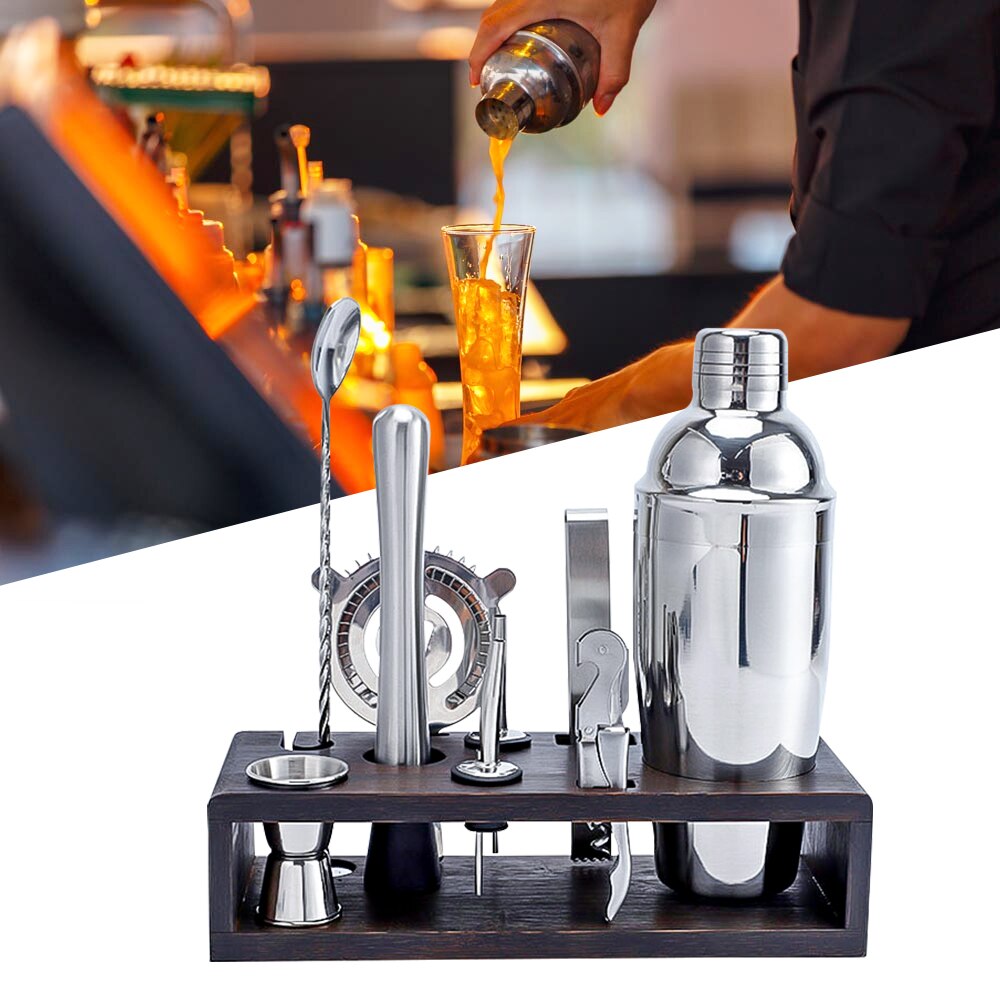 750ML Cocktail Shaker Set,Bartender Kit with Stylish Wooden Stand Stainless Steel Bartending Kit for Home Bar Party: 10 PCS B