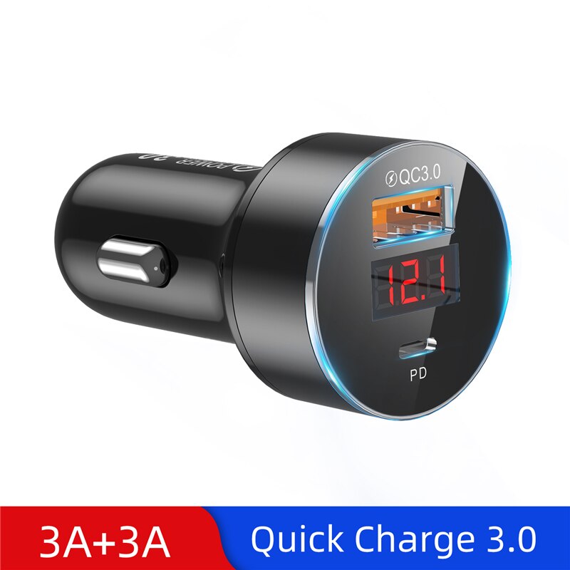 Carregador de carro uslion 36w com porta dupla, carregamento rápido 6a usb c para iphone xiaomi huawei qc3.0 tipo carregador de celular do carro c: Black