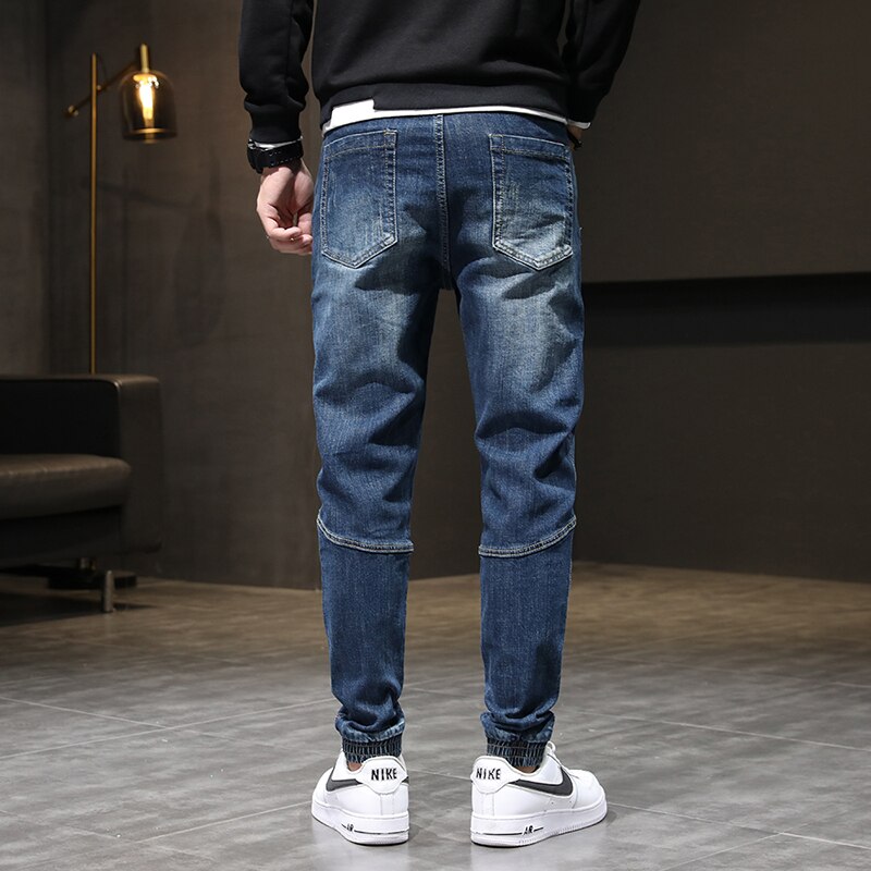 Joggingbukser til mænd jeans elastisk talje snøre blå afslappet tilspidsede herrebukser mænd oversize bukser jeans 42