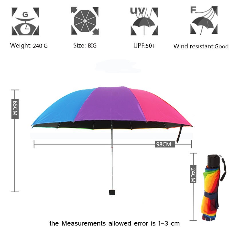 Yiwumart Rainbow Outdoor Three-Folding Opaque Umbrella For Women Protect Against Wind Rain Portable Ultralight Travel