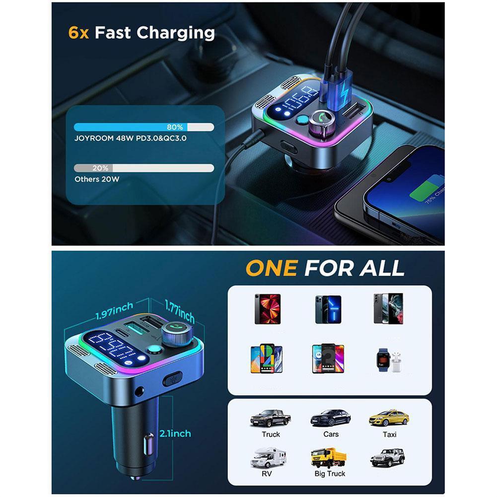 48W Bluetooth 5.3 FM Transmitter For Car Stronger Dual Mics Deep Bass Sound PD&QC3.0 Car Charger Bt Adapter Fm Transmitter
