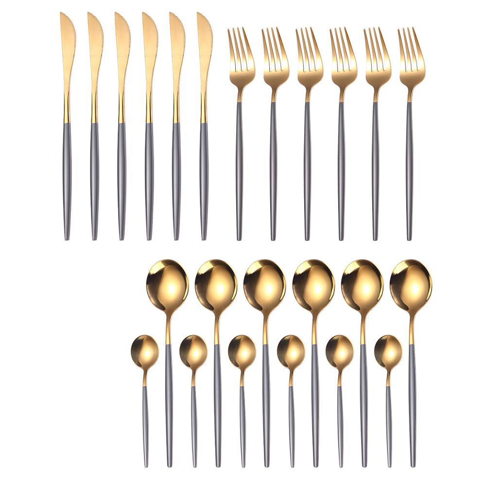 24Pcs Cutlery Set Kitchen Tools Gold Dinnerware Set Stainless Steel Knife Fork Spoon Tableware Set Home Table Decoration Gold: Grey Gold-24PCS