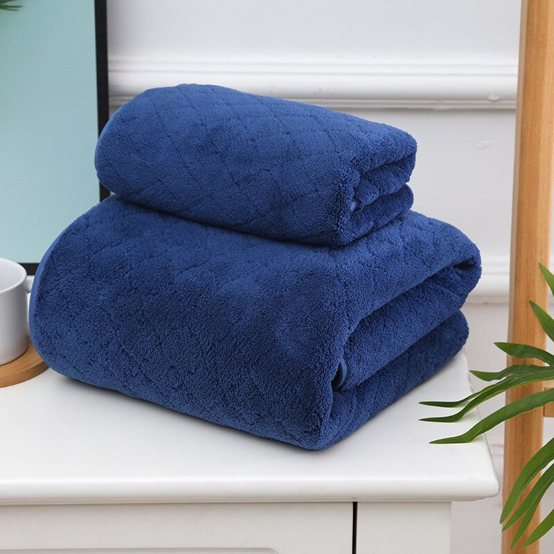 Eenvoudige Euro Stijl Handdoek Set 2 Stuks Effen Kleur Grote Handdoeken Badkamer 70X140 Voor Vrouwen Douche Gezicht Hand handdoeken Blauw Coral Fleece: Navy Blue