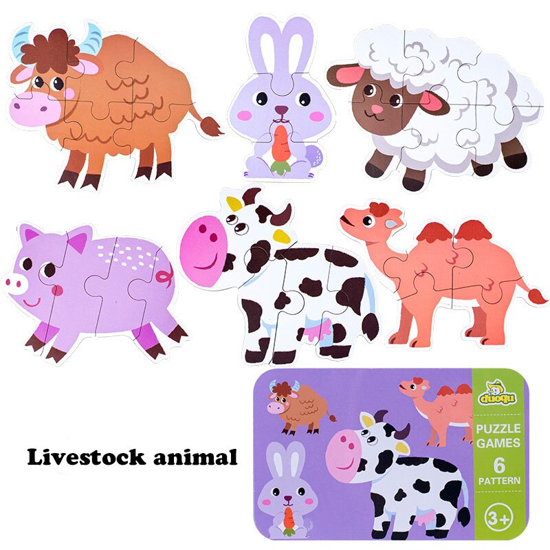 Montessori Baby Toy Card Puzzles Early Learning Educational Toy Cartoon Traffic Animal Fruit With Iron Box Kids Cognitive Puzzle: Livestock