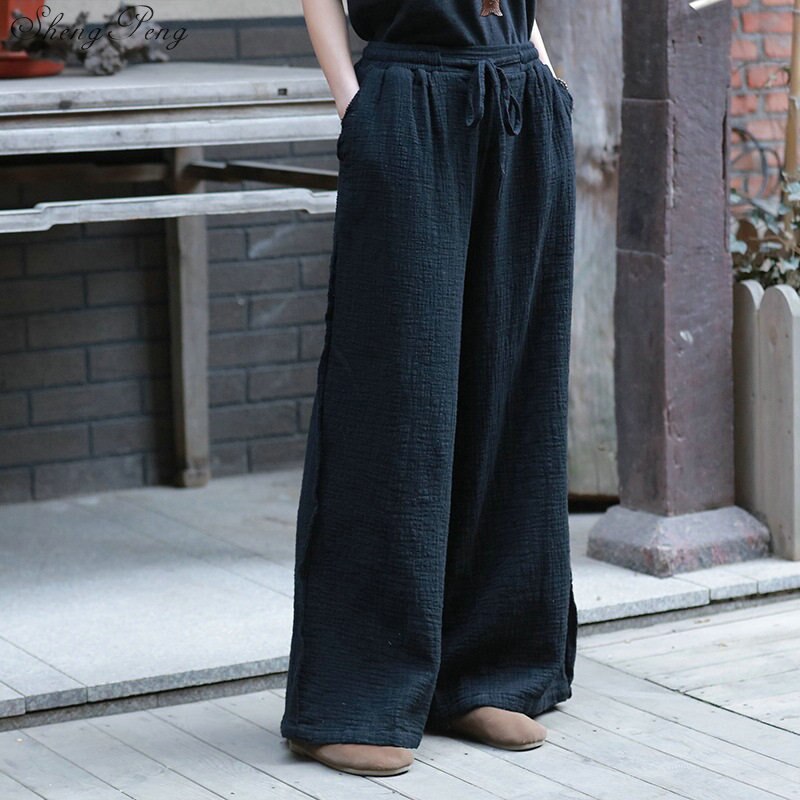 Pantalones de pierna ancha de mujer cintura elástica otoño pantalón de lino Mujer Pantalones sueltos Casual Vintage V1569