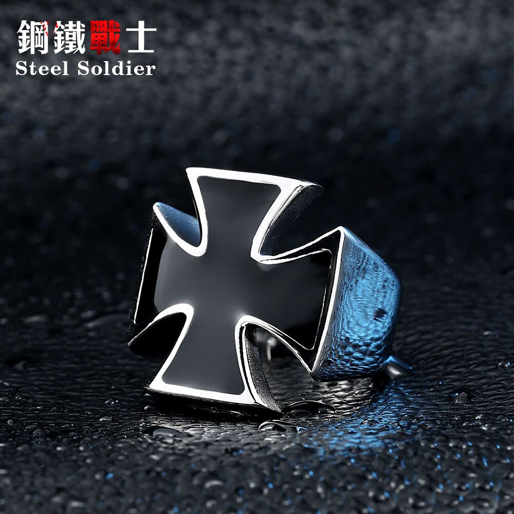 Anillo de acero inoxidable soldado de acero inoxidable con cruz de hierro para hombres, joyería de esmalte con personalidad popular para Europa