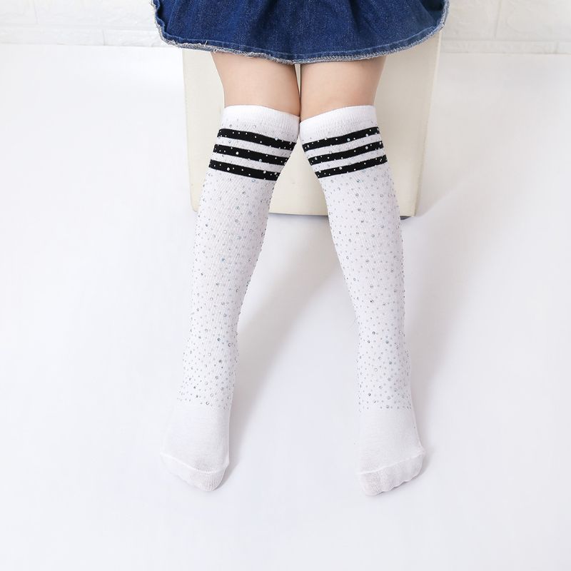 Chaussettes hautes aux genoux pour enfants, nouvelle , chaussettes chaudes à rayures colorées avec strass, décoration, bas pour filles, Tube Long