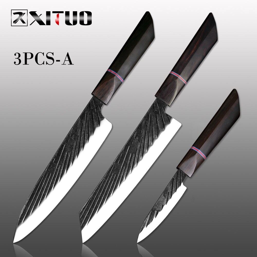 XITUO Chef Knife 440C Steel Handmade Forged Japanese Sharp Meat Cleaver Kiritsuke Santoku Utility Paring Knife Cooking Tools: 3PCS-A