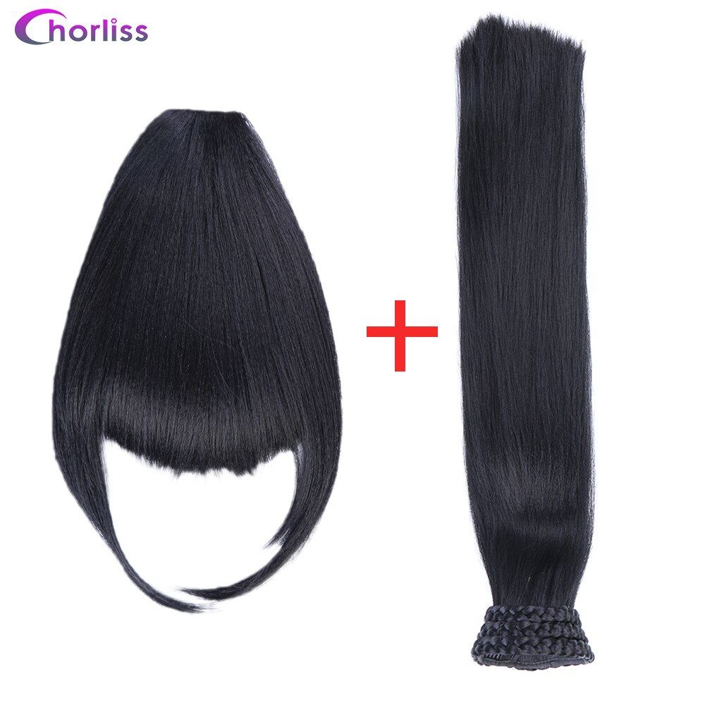 Chorliss longo yaki reta sintético rabo de cavalo com franja trançado chignon divisor de duas peças cabelo preto clip-in cabelo para mulher