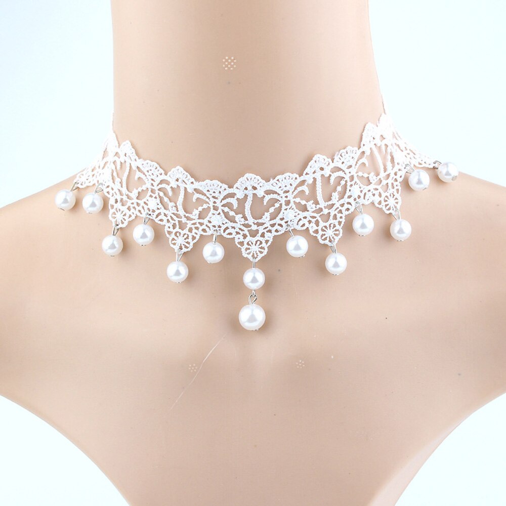 White Lace Pearl Choker Necklace Wedding Bridesmaid Handmade Adjustable Wide Hollow Bridal Jewelry Accessories