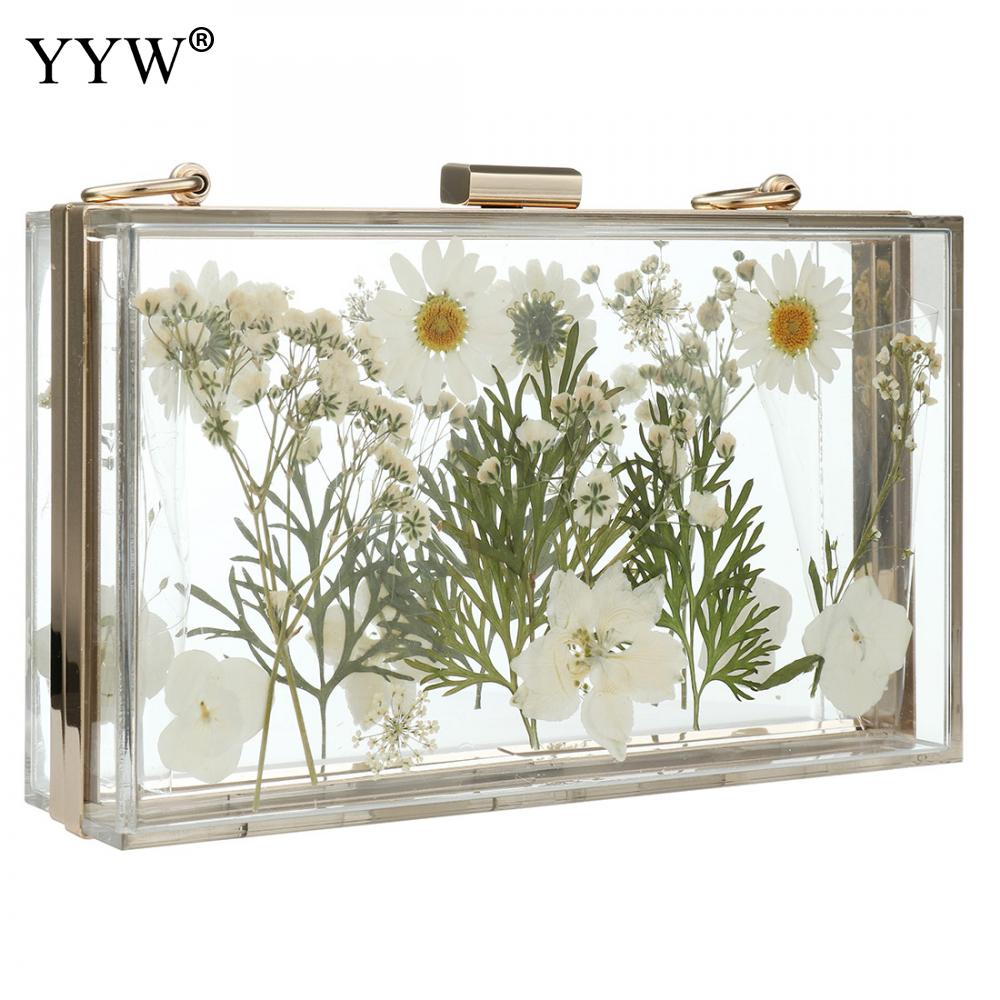 Acrylic Transparent Floral Evening Clutch Wedding Bridal Cute Wallet Women Tote Pack Clear Hard Box Metal Chain Shoulder Bags: white