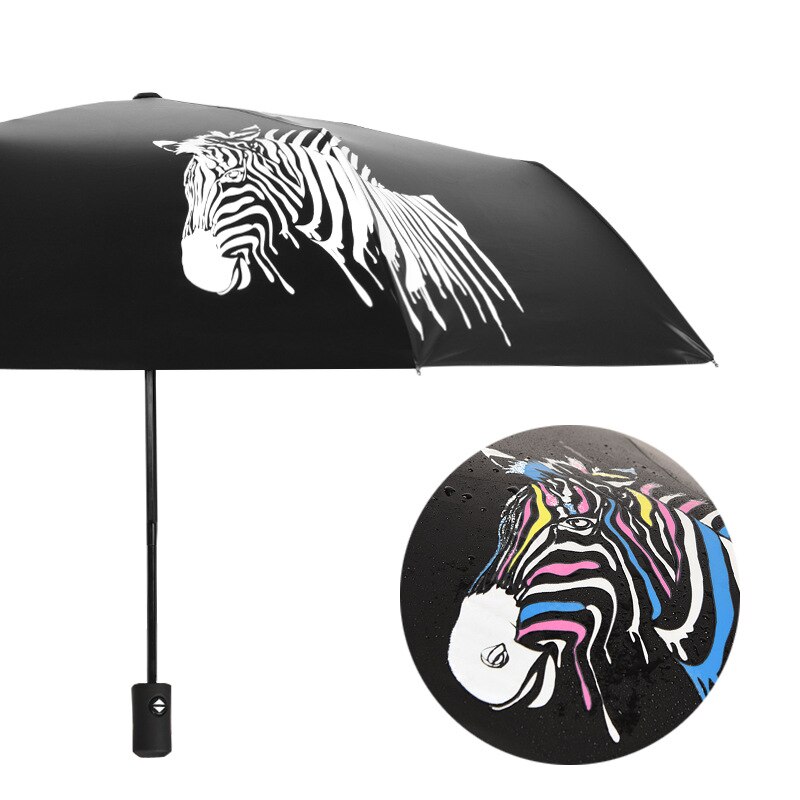 Fuldautomatisk zebra misfarvning paraply farveændring folde bærbar paraply parasol parasol sort belægning anti-uv: Fuldautomatisk