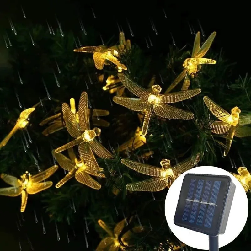 Luzes de corda de libélula solar 20led luz de fadas guirlanda iluminação de férias para casamento ao ar livre jardim árvore pátio festa decoração