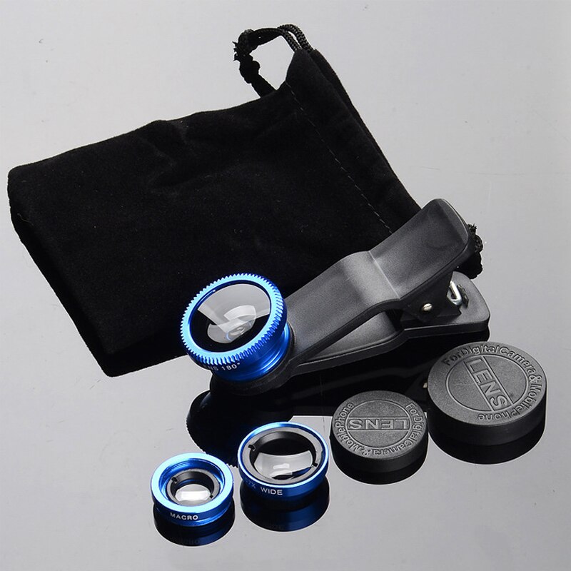 Universele 3 in 1 macro fisheye lens camera mobiele telefoon lenzen fisheye lenzen voor iphone smartphone accessoire: Blauw
