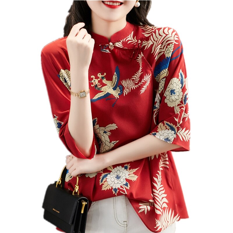 2020 mulheres estilo chinês tradicional camisas chiffon blusas soltas vintage cheongsam topos para feminino vermelho guindaste floral camisa: XXL
