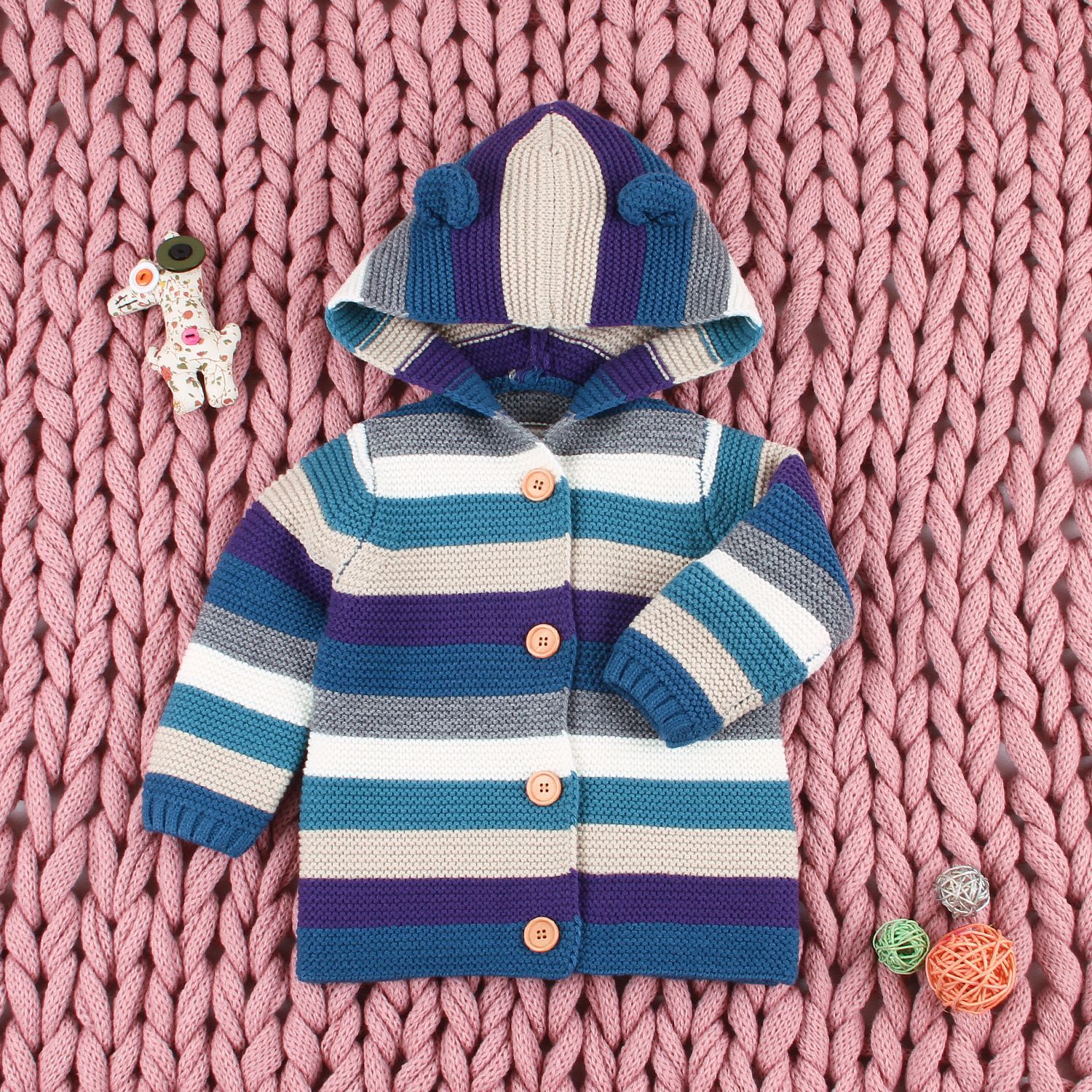 Neugeborenen Baby mädchen kleidung freundlicher Regenbogen Streifen jacken für jungen Strickjacke Herbst Mit Nette Ohr Hoodie Baby Mädchen Mantel: Blau / 18M Höhe 73-80cm