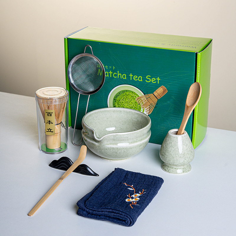 Ensemble Matcha japonais fait à la main, bol à encoche facile à nettoyer, fouet en bambou, cuillère à café, ensembles à thé, outils de préparation du thé, accessoires, 4 à 8 pièces/ensemble: Clair