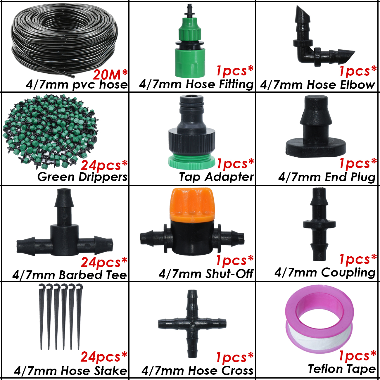 Kit d&#39;arrosage automatique goutte-à-goutte pour serre, 10-50M, 1/4 &#39;&#39;, système d&#39;irrigation, tuyau 4/7mm, buses de brouillard en laiton pour jardin, maison, plante en pot: KSL01-KIT351C-20M