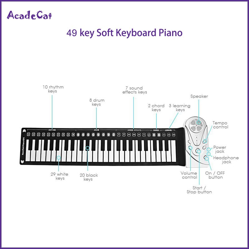 49 nøgle hånd roll elektronisk klaver bærbart folde blødt fleksibelt keyboard elektronisk orgel med højttaler