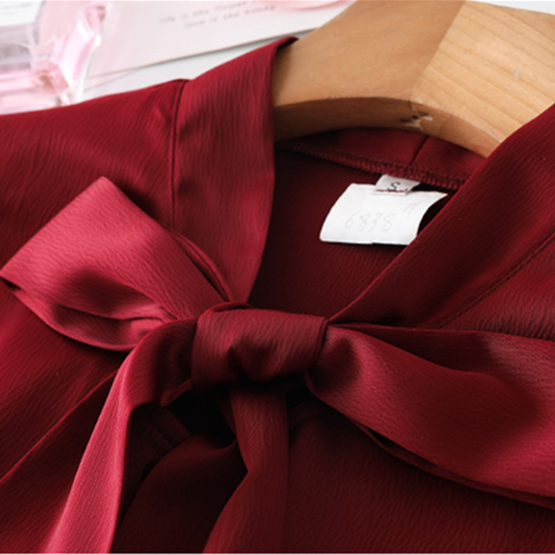 Chemise en mousseline de soie rouge vin pour femmes, à la , chemisiers à manches courtes avec nœud papillon, bureau, hauts de travail pour dames, été